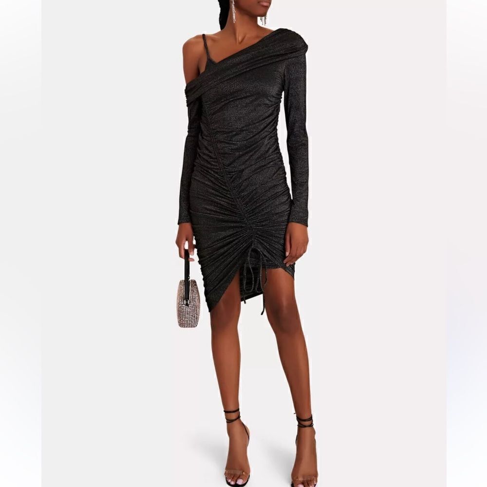 NWT JONATHAN SIMKHAI SABINE RUCHED LUREX MIDI DRESS Gray Metallic Small